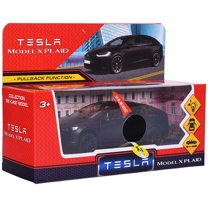 Машина металл. свет-звук tesla model x plaid 12 см, двери, черный мат, в коробке 