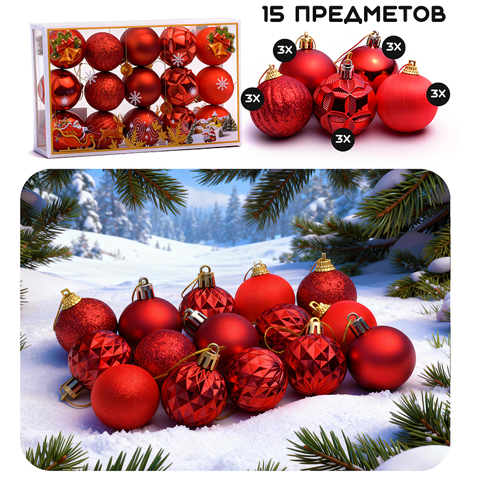 Набор новогодних украшений S2526 "Праздничные шарики" (15шт х 5 см)