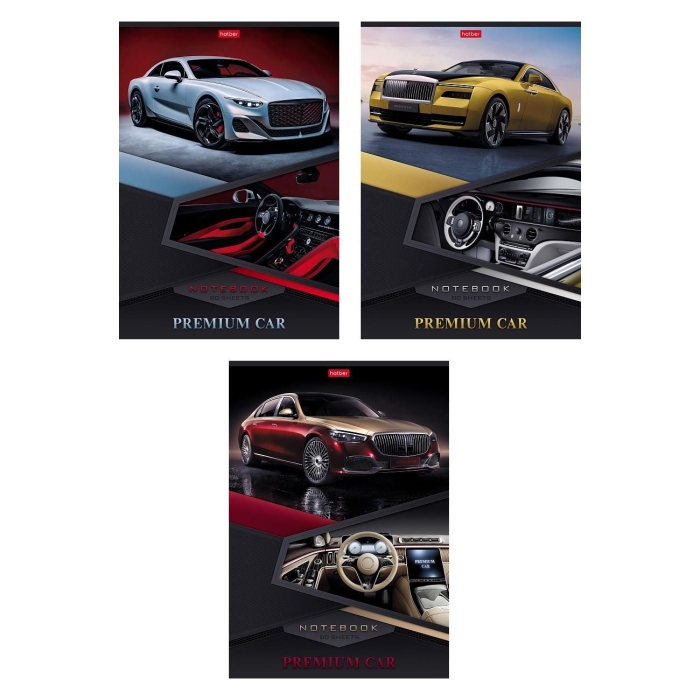 Тетрадь 80л. А4 клетка "Премиальные авто" на скобе глянцевая ламинация 3 диз. в блоке  