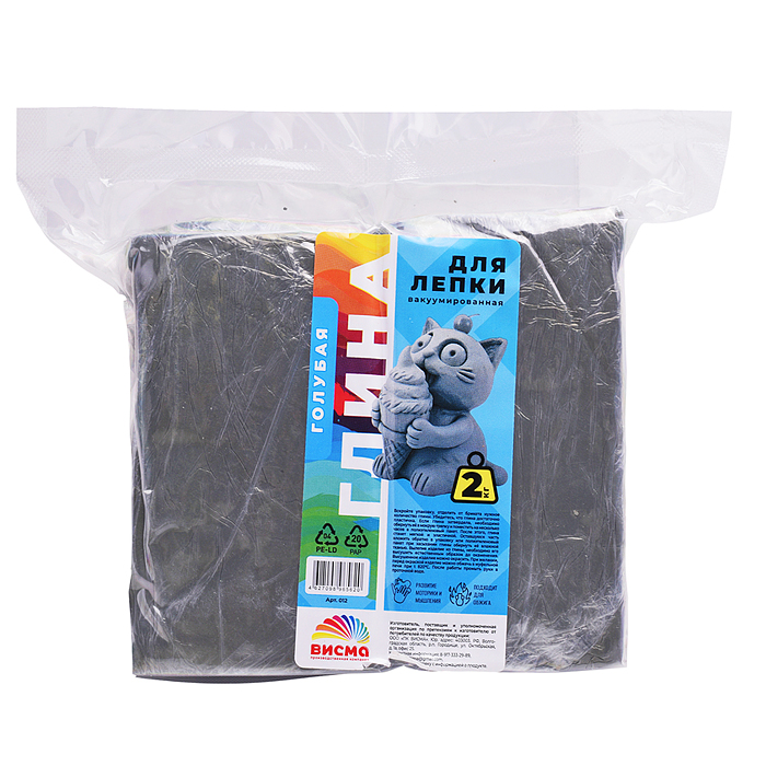 Глина для лепки вакуумированная, голубая 2 кг, 