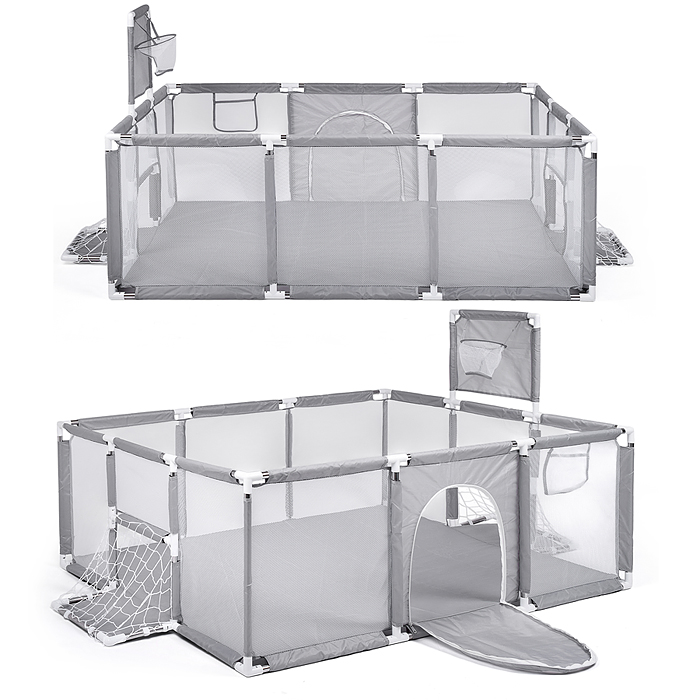 Манеж детский М11-2 прямоугольный с баскетбольным кольцом и воротами (120*180*60) цвет серый