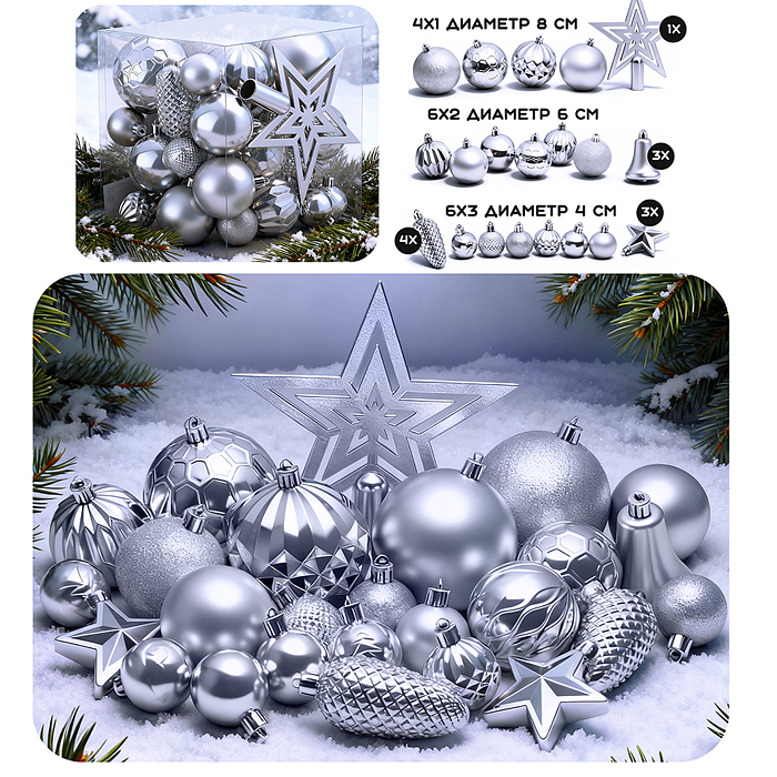 Набор новогодних украшений S2637 "Серебряный иней" (45шт х 4, 6, 8 см)