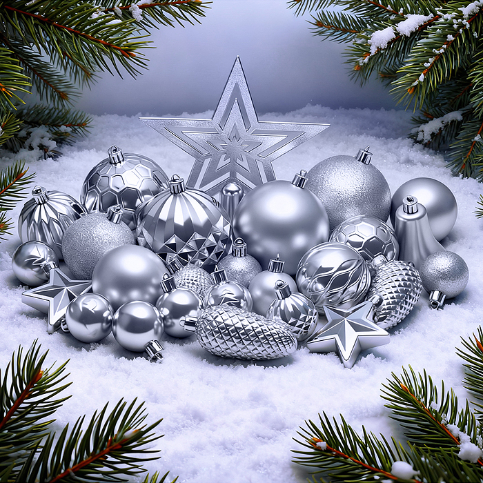 Набор новогодних украшений S2637 "Серебряный иней" (45шт х 4, 6, 8 см)
