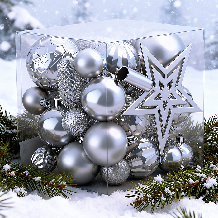 Набор новогодних украшений S2637 "Серебряный иней" (45шт х 4, 6, 8 см)