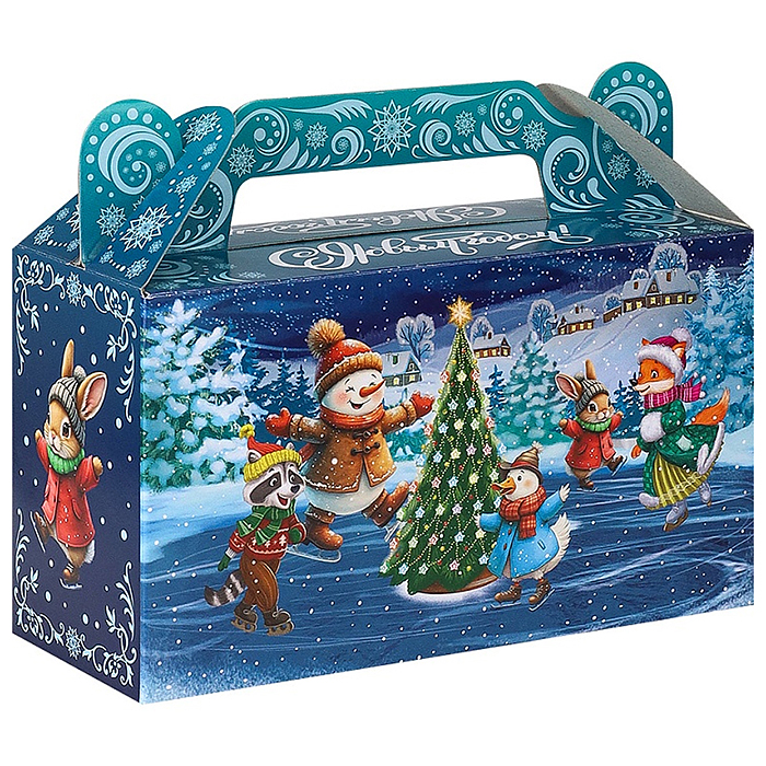 Коробка для конфет Сундучок "Дед Мороз и лесные звери на катке" 500г