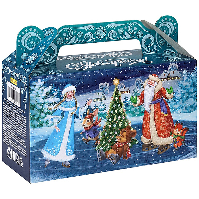 Коробка для конфет Сундучок "Дед Мороз и лесные звери на катке" 500г