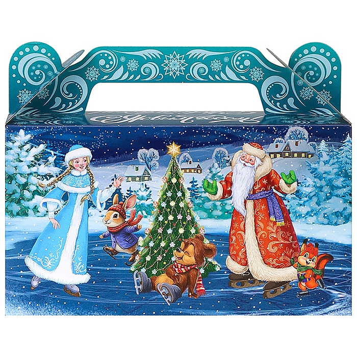 Коробка для конфет Сундучок "Дед Мороз и лесные звери на катке" 500г