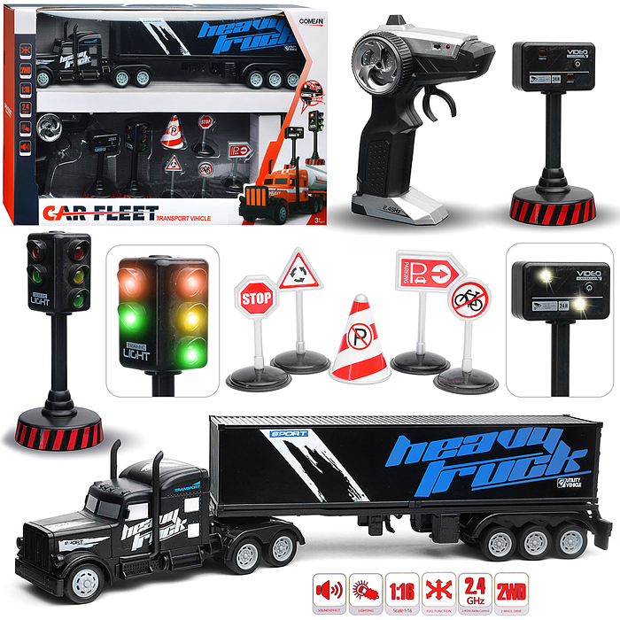 Машина GM1933  "Контейнеровоз" с дорожными знаками (чёрный) р/у, 27 MHz, в коробке