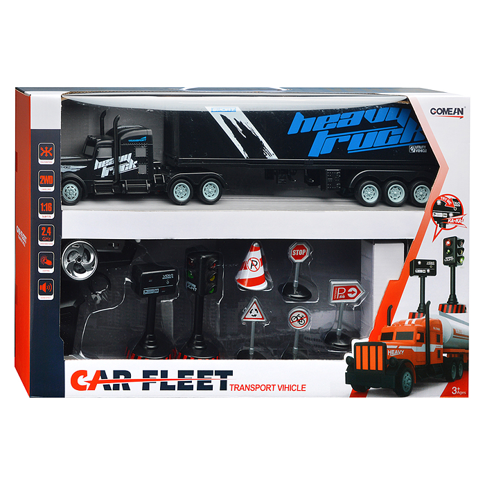 Машина GM1933  "Контейнеровоз" с дорожными знаками (чёрный) р/у, 27 MHz, в коробке