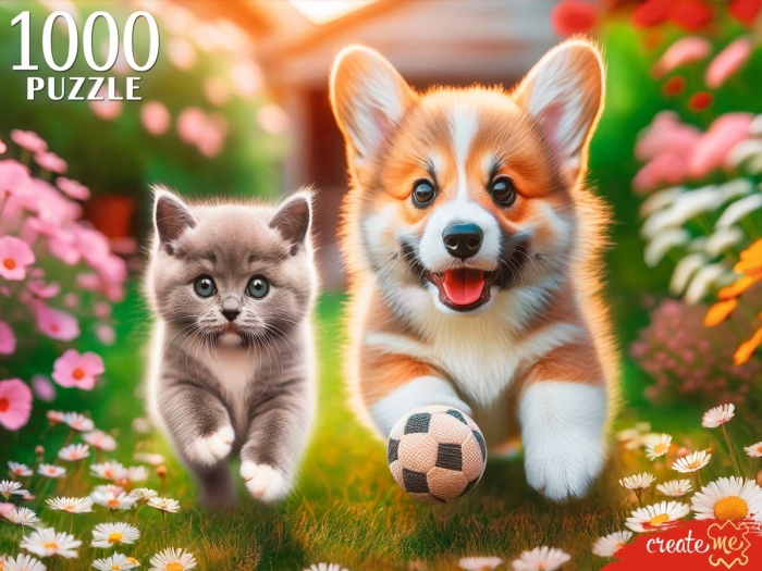 Пазлы 1000 "Корги и Британский котенок"