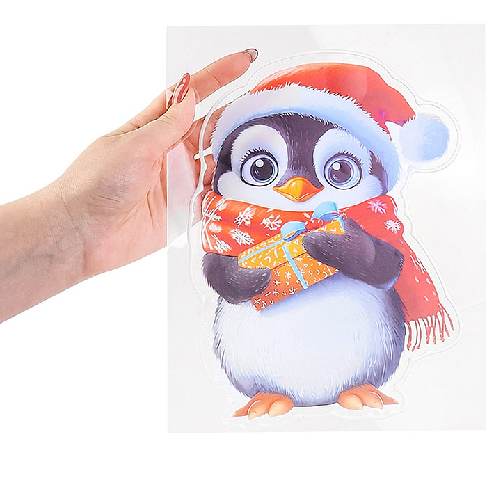 Силиконовая новогодняя наклейка "Новогодний пингвин" 20*25 см 