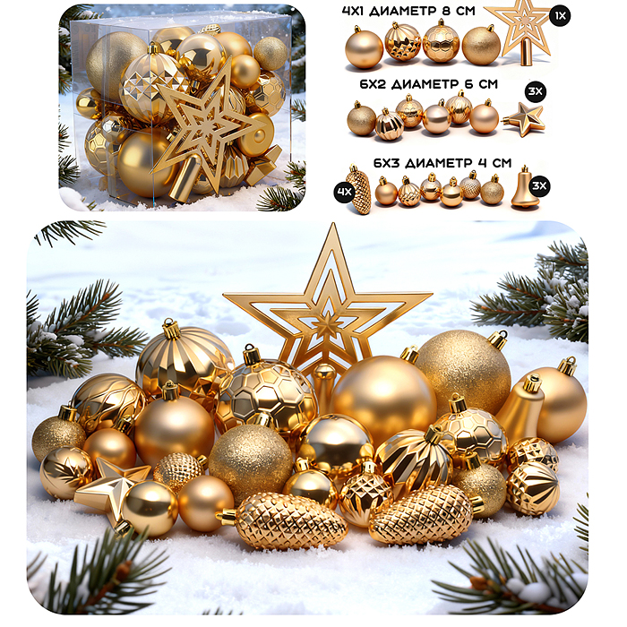 Набор новогодних украшений S2634 "Золотой иней" (45 шт х 4, 6, 8 см)