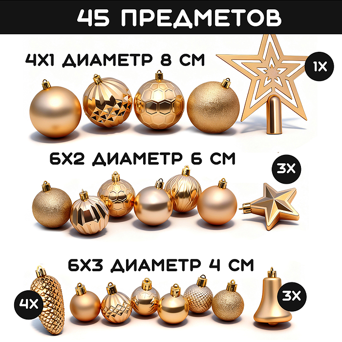 Фото к товару Набор новогодних украшений S2634 "Золотой иней" (45 шт х 4, 6, 8 см) Набор новогодних украшений S2634 "Золотой иней" (45 шт х 4, 6, 8 см)