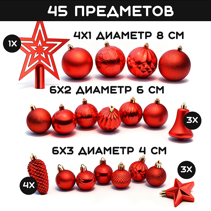 Набор новогодних украшений S2635 "Красный иней" (45шт х 4, 6, 8 см)