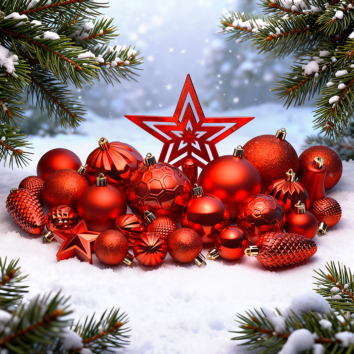 Набор новогодних украшений S2635 "Красный иней" (45шт х 4, 6, 8 см)