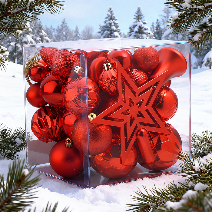 Набор новогодних украшений S2635 "Красный иней" (45шт х 4, 6, 8 см)