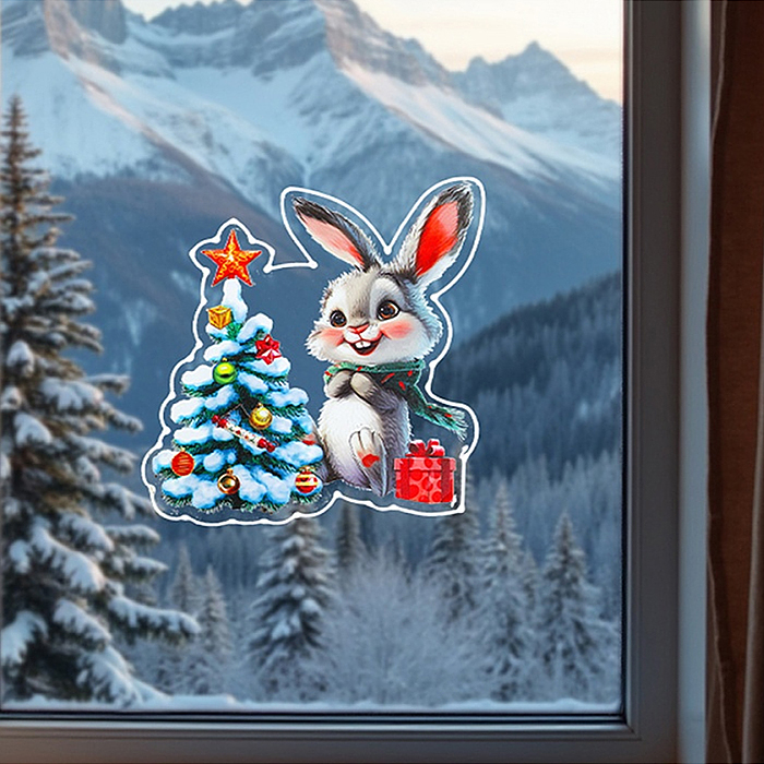 Силиконовая новогодняя наклейка "Зайчик у ёлки" 25*25см 