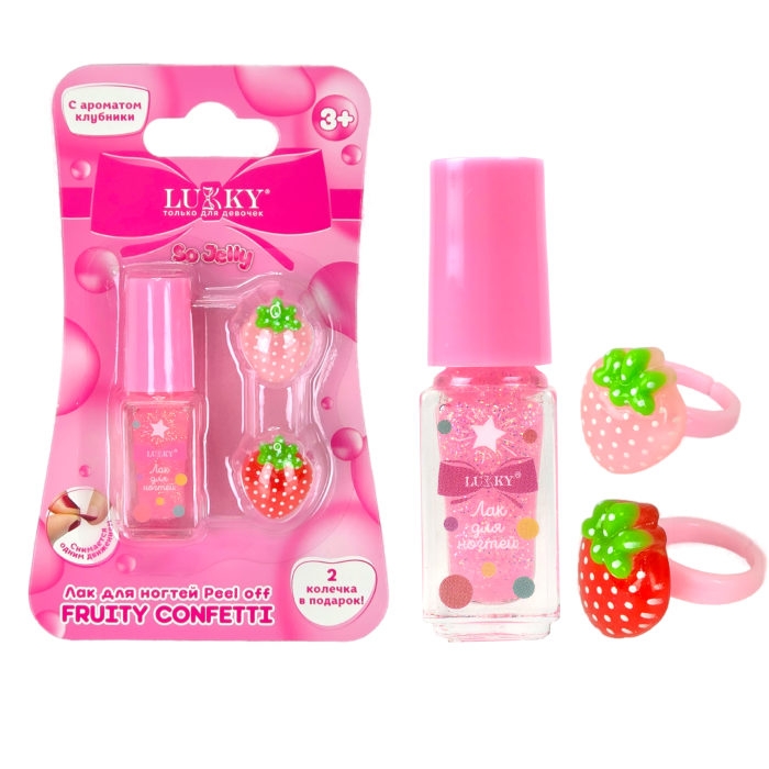 Лак для ногтей peel off с блёстками, 3,5мл, роз., аромат клубники, 2 колечка, блистер