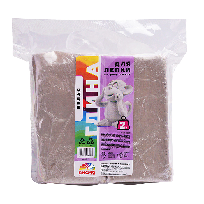 Глина для лепки вакуумированная, белая 2 кг, 