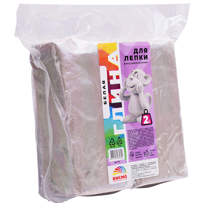 Глина для лепки вакуумированная, белая 2 кг, 