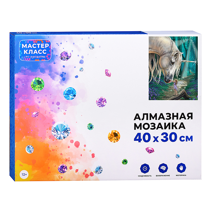 Фото к товару Мозаика алмазная MKA4030-8 "Единорог и фея" 30*40см. Мозаика алмазная MKA4030-8 "Единорог и фея" 30*40см.