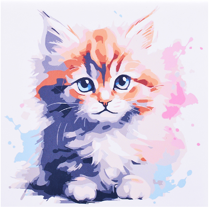 Холст с красками 20х20 по номерам "Красочный пушистый котёнок" в коробке (16цв.) 