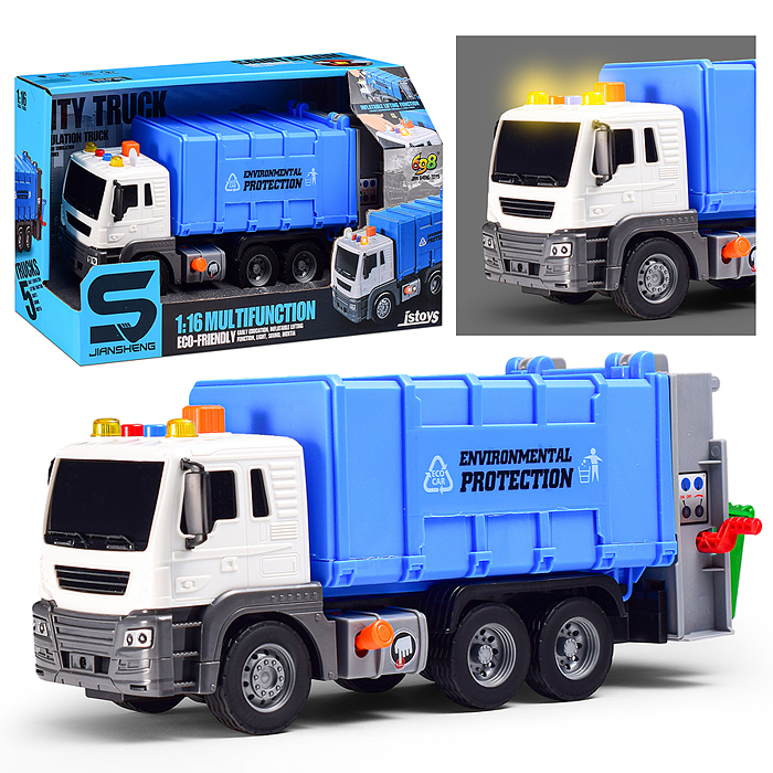 Машина JS108A "Эко-мусоровоз" 1:16 (свет, звук) в коробке (цвет синий)