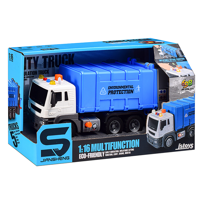 Машина JS108A "Эко-мусоровоз" 1:16 (свет, звук) в коробке (цвет синий)