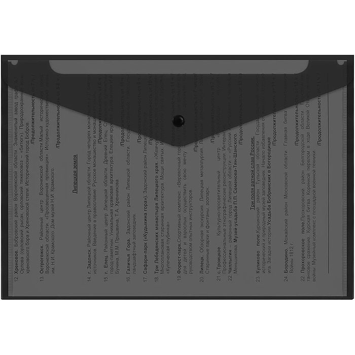 Фото к товару Папка-конверт с кнопкой прозрачная А4 до 100 л, черная, 0,15 мм "Universal" Папка-конверт с кнопкой прозрачная А4 до 100 л, черная, 0,15 мм "Universal"