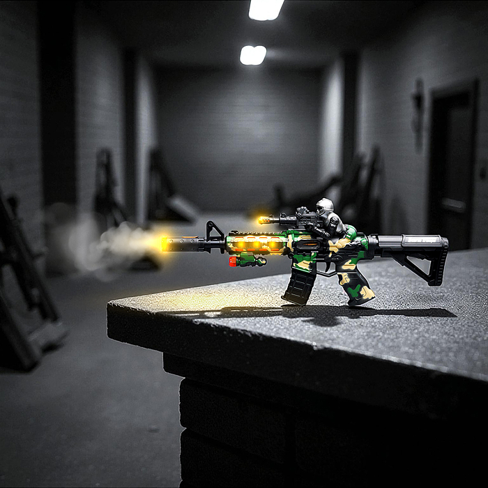 Фото к товару Автомат 846-2 "Огненая атака" (свет, звук) на батарейках, в коробке Автомат 846-2 "Огненая атака" (свет, звук) на батарейках, в коробке