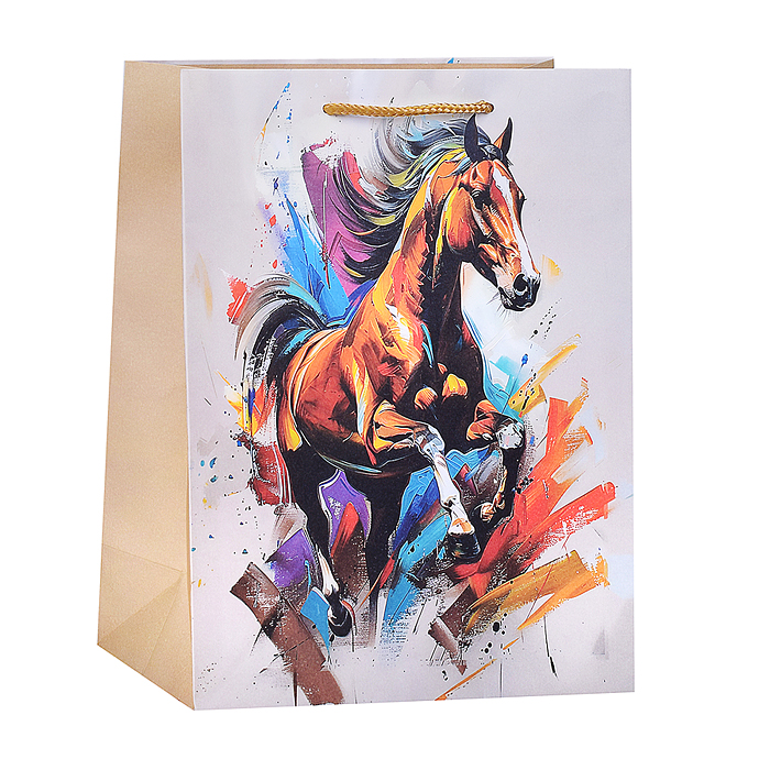 Пакет подарочный "Лошадь" крафт 26х32см, веревочные ручки