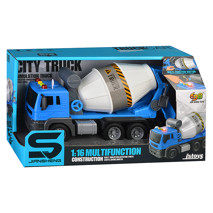 Машина JS102A "Бетономешалка" 1:16 (свет, звук) в коробке (цвет синий)