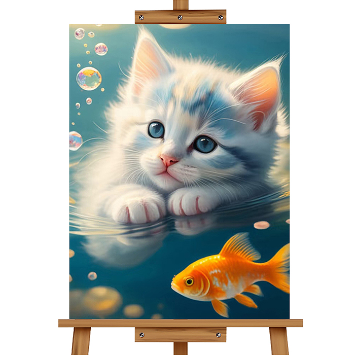 Мозаика алмазная MKA3020-9 "Котенок и золотая рыбка" 20*30см.