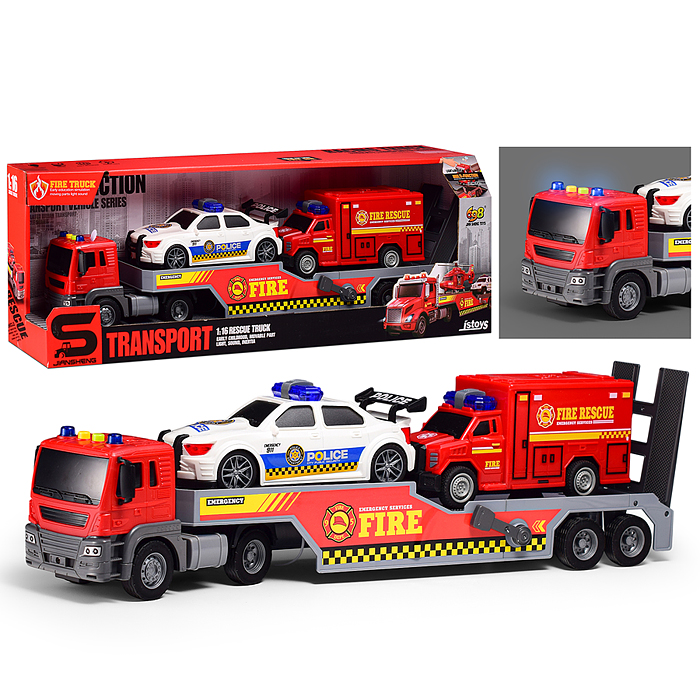 Машина JS203A "Пожарный тягач" 1:16 (свет, звук) в коробке