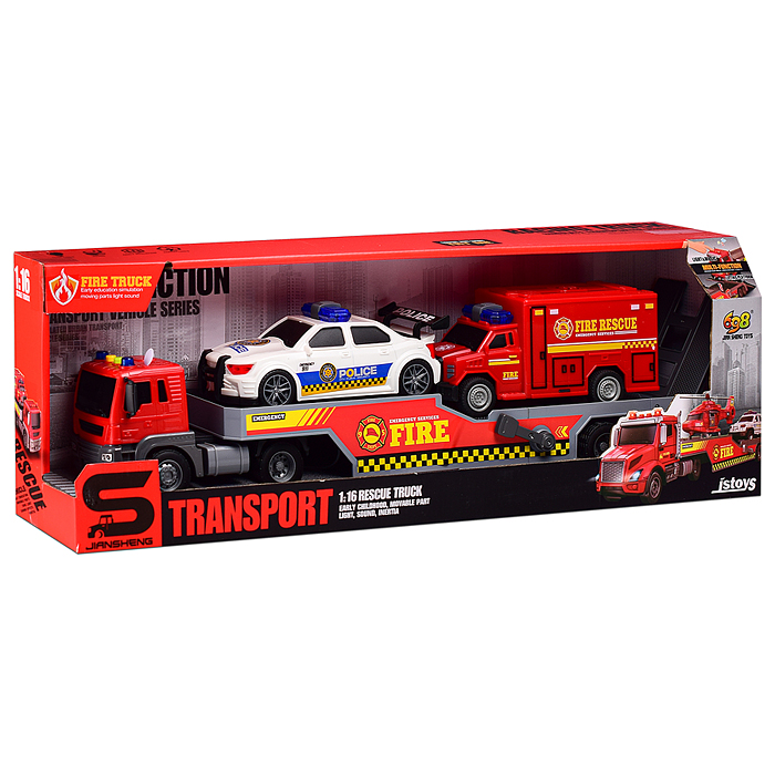 Машина JS203A "Пожарный тягач" 1:16 (свет, звук) в коробке