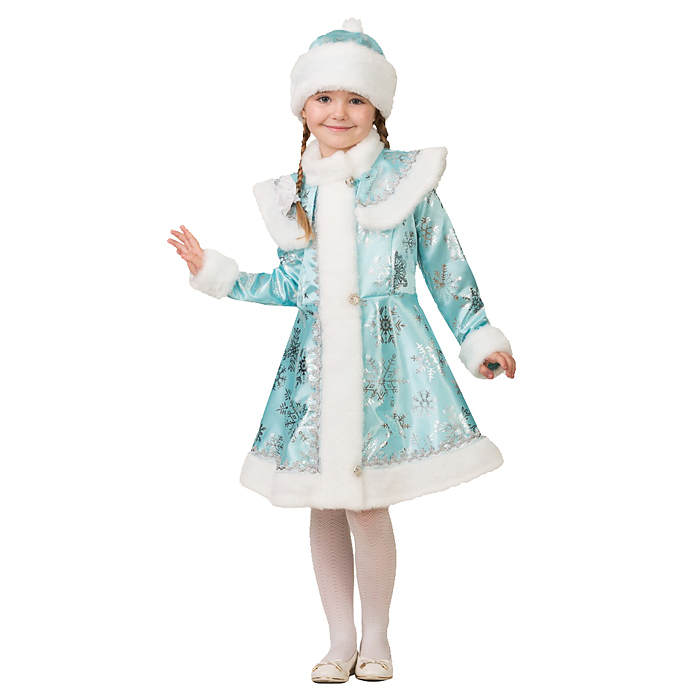 Изделие швейное для девочек "Снегурочка сатин бирюза снежинка" (пальто, шапка) р.134-68