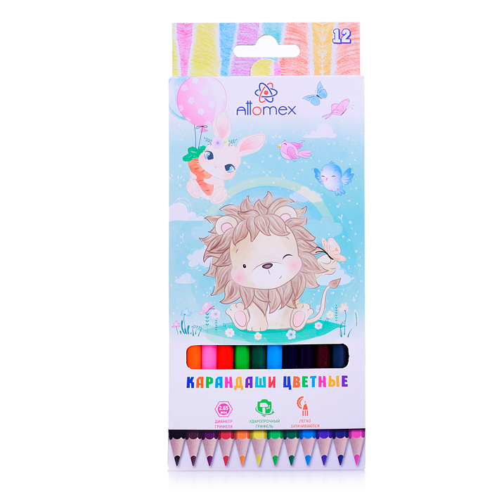 Карандаши цветные "Zoo" 12 цветов, М, диаметр грифеля 2,65 мм, шестигранные, в картонной ко