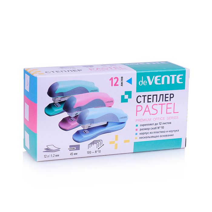 Степлер "Pastel" № 10 (мощность 12 листов, глубина скрепления 45 мм) пластиковый с каучуков