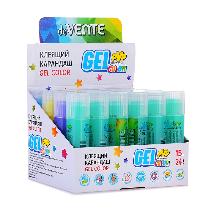 Клеящий карандаш PVP основа "Color Gel" 15 г гелевый цветной полупрозрачный, 4 цвета ассорт