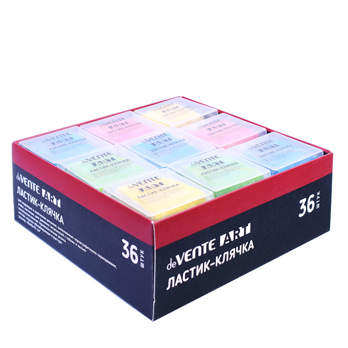 Ластик-клячка "Art" синтетический каучук, прямоугольный, ассорти 4 цвета, 40x40x10 мм, мягк