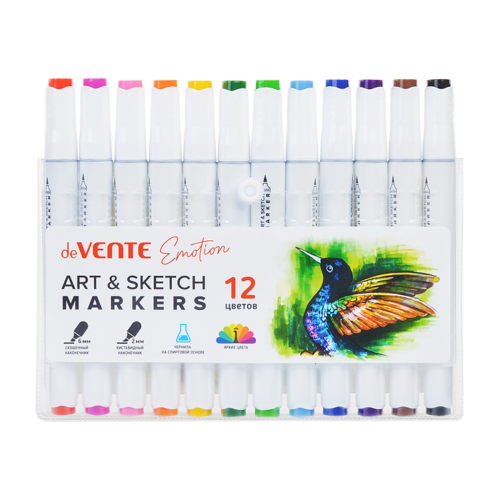 Набор маркеров для скетчинга "Emotion" 12 цветов, двусторонние (кистевидный 2 мм/скошенный 