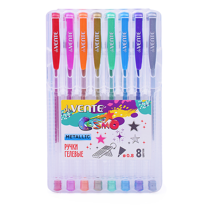 Набор ручек гелевых "Cosmo Metallic" 8 цв. металлик, d=1 мм, прозрачный корпус.