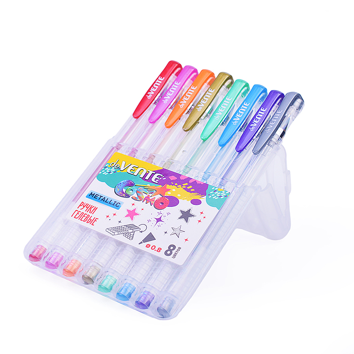 Набор ручек гелевых "Cosmo Metallic" 8 цв. металлик, d=1 мм, прозрачный корпус.