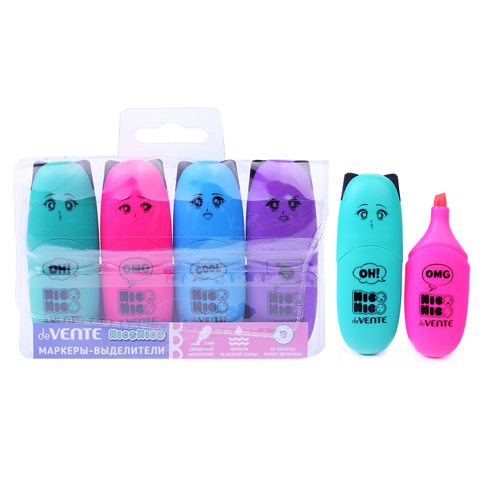 Набор маркеров-выделителей "NicoNico" (04 цв - цвета: бирюза, роз, голуб., фиол) плоский