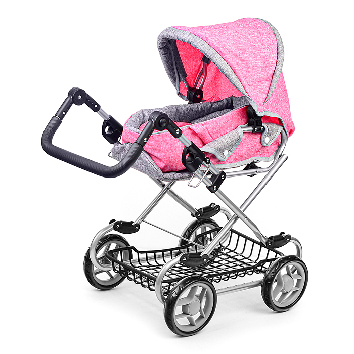 Коляска зима-лето 9346W для кукол, металл. с люлькой-переноской, с корзиной, цвет серо-розовый