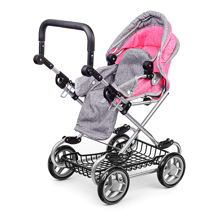 Коляска зима-лето 9346W для кукол, металл. с люлькой-переноской, с корзиной, цвет серо-розовый