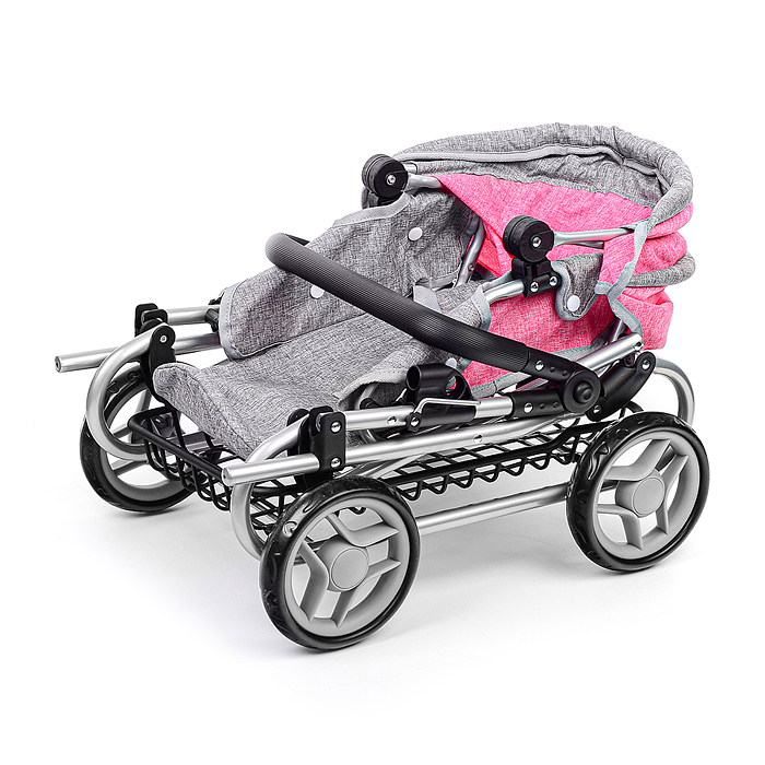 Коляска зима-лето 9346W для кукол, металл. с люлькой-переноской, с корзиной, цвет серо-розовый
