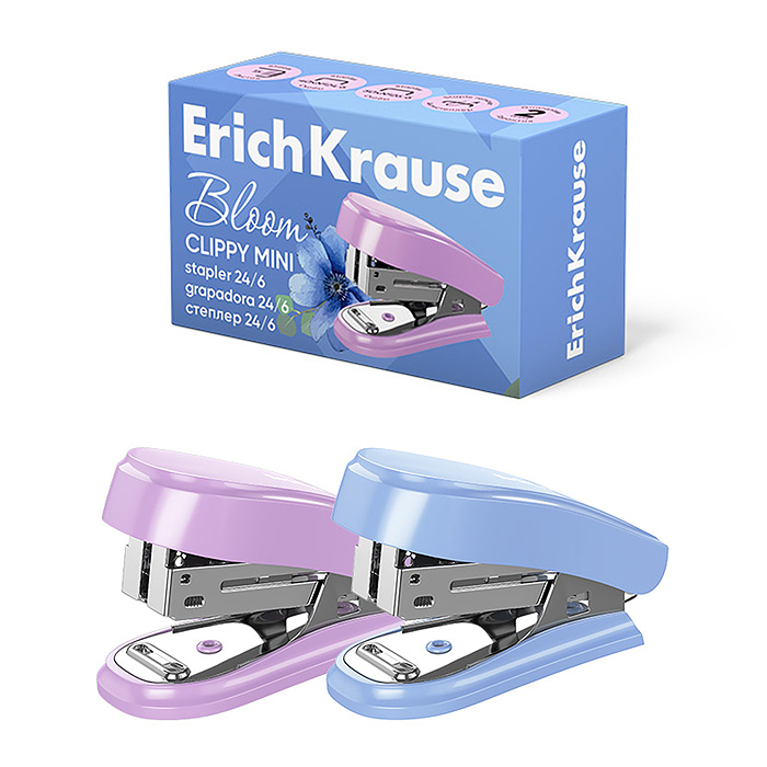 Мини-степлер №24/6, 26/6 Clippy Mini Pastel Bloom до 15 листов, ассорти 