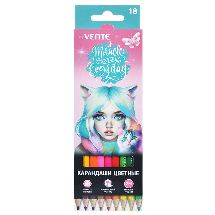 Карандаши цветные "Miracle" 18 цветов, 2М, диаметр грифеля 2,8 мм, шестигранные, в картонно