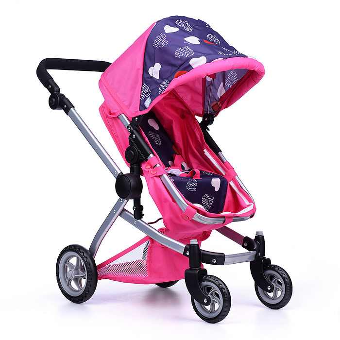 Коляска - трансформер для кукол 9651 металлическая, регулируемая ручка, с корзиной,цвет розово-серый